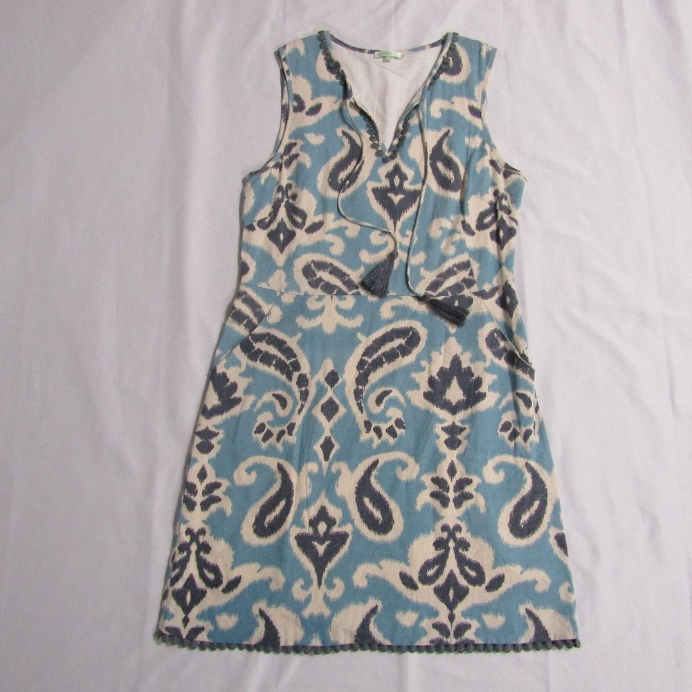 #75 JADE Melody Tam Linen Dress Ikat Pattern Pockets Size Small